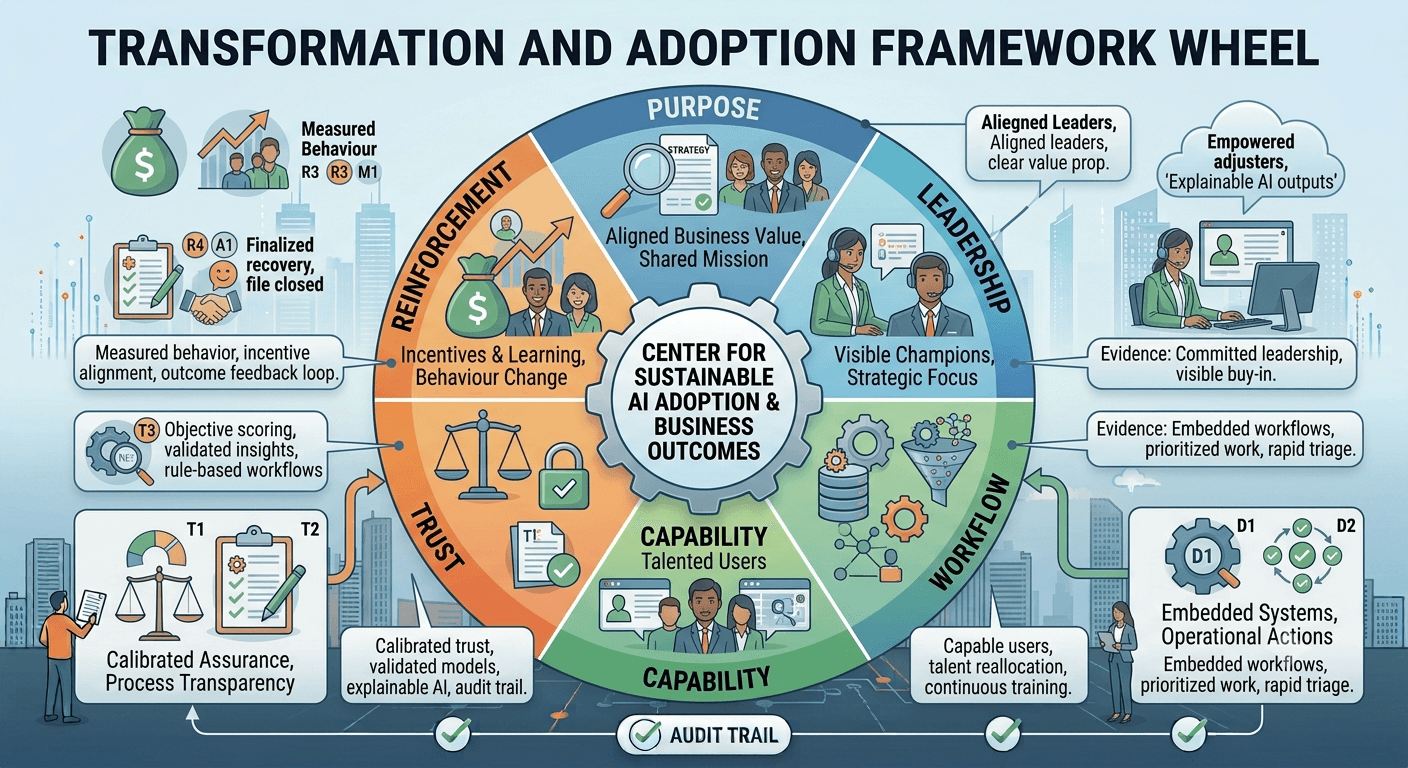 Infographic of a transform and adoption framework wheel centered on sustainable AI adoption, with segments for purpose, leadership, workflow, capability, trust, and reinforcement.