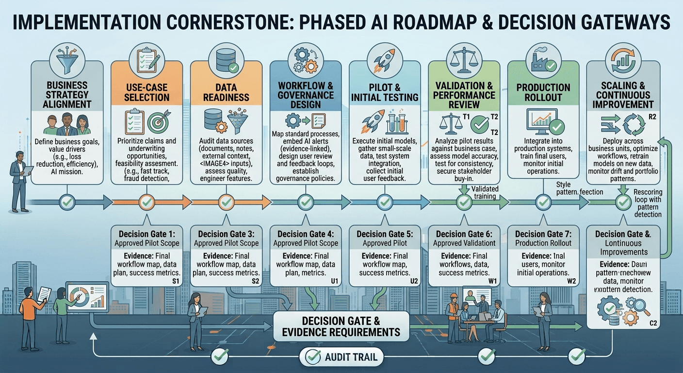 Infographic of a phased AI implementation roadmap with eight stages from business strategy alignment through scaling and continuous improvement, including decision gates and an audit trail.