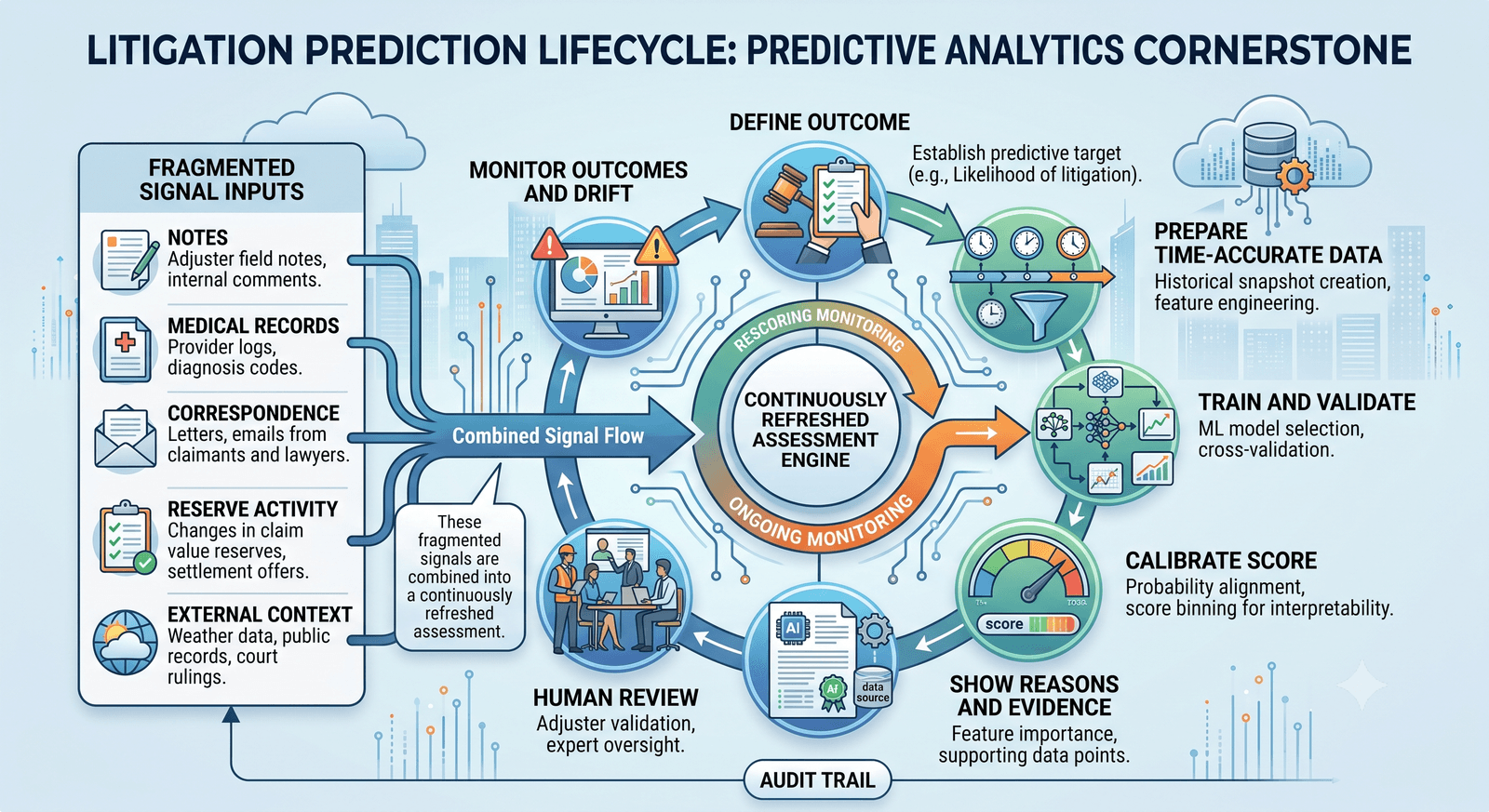 Infographic of the litigation prediction lifecycle showing fragmented claim signals feeding a continuously refreshed assessment engine, with stages for defining outcomes, preparing data, training, calibration, evidence, human review, and monitoring.