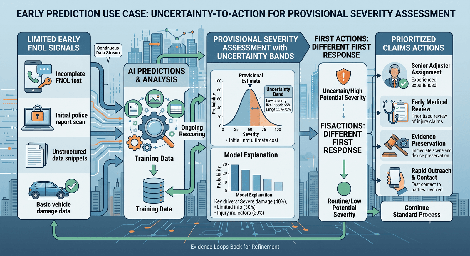 Infographic of an early severity prediction use case: limited FNOL signals feed AI analysis that produces a provisional severity assessment with uncertainty bands and prioritized first actions.