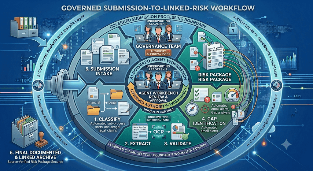 Diagram titled Governed Submission-to-Linked-Risk Workflow covering classify, extract, validate, risk-package assembly, gap identification, and archive.