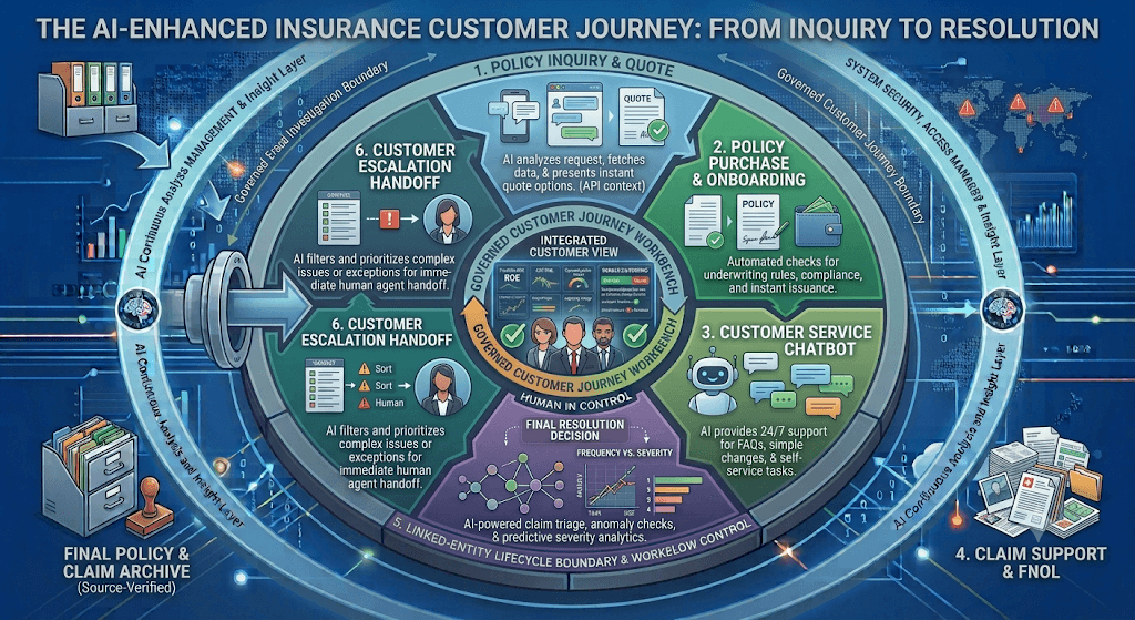Diagram titled The AI-Enhanced Insurance Customer Journey from quote and purchase through chatbot, claim/FNOL, and escalation.