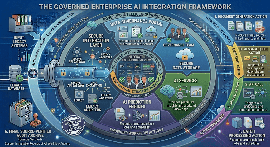 Diagram titled The Governed Enterprise AI Integration Framework connecting legacy systems, a data portal, AI services, and prediction engines via batch, API, queue, and document actions.