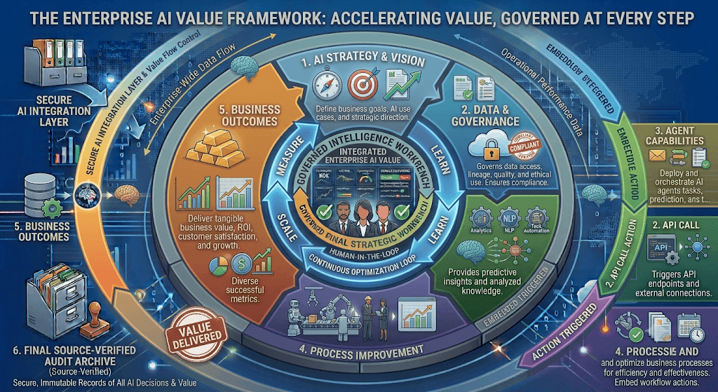 Infographic titled The Enterprise AI Value Framework stacking strategy, data and governance, agent capabilities, process improvement, and business outcomes.