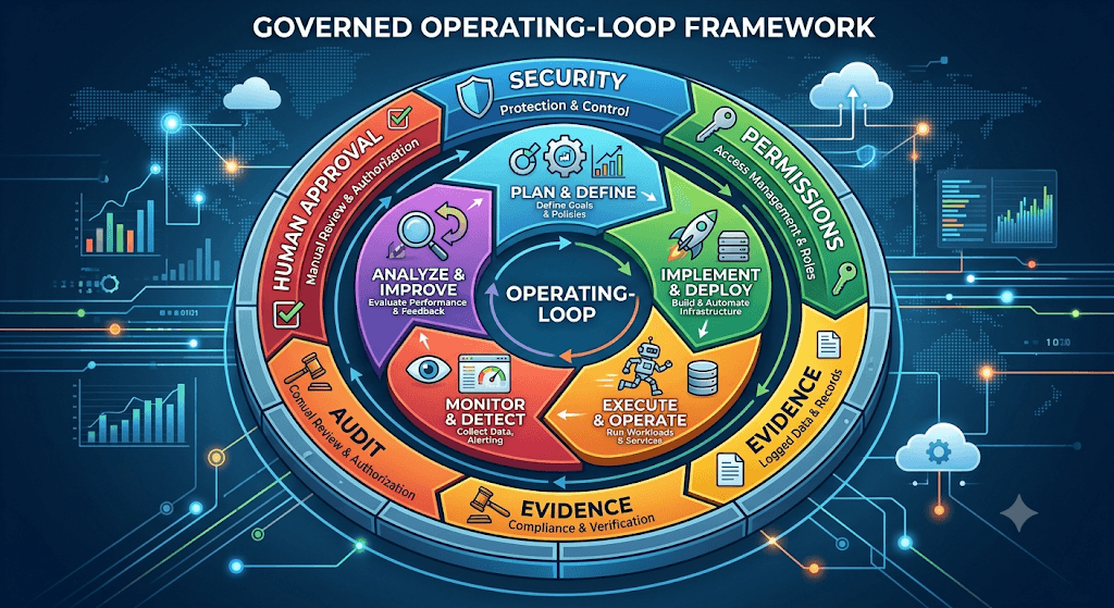 Diagram titled Governed Operating-Loop Framework with an inner Plan, Implement, Execute, Monitor, Analyze cycle surrounded by security, permissions, evidence, audit, and human approval.