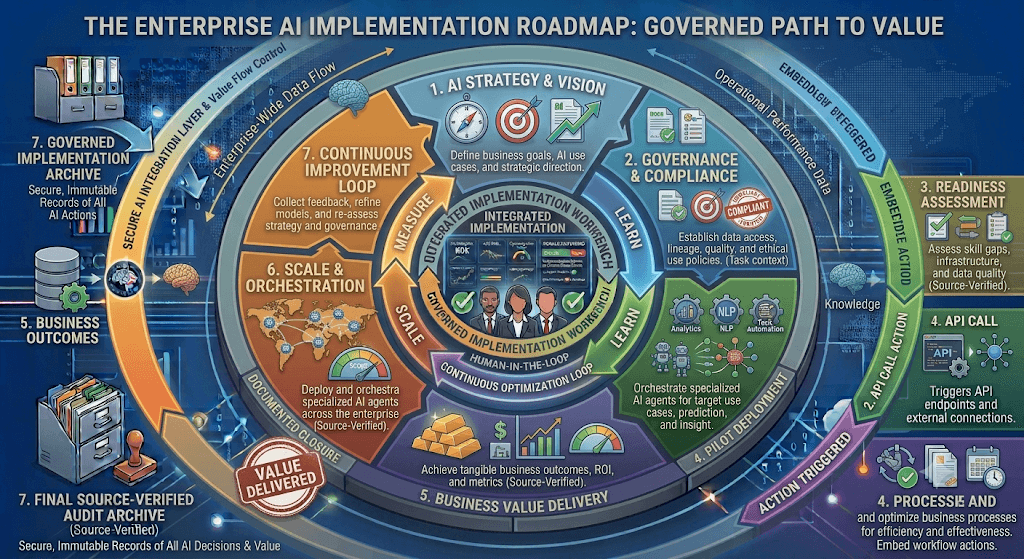 Diagram titled The Enterprise AI Implementation Roadmap from strategy and governance through readiness/pilot, value, scale, and continuous improvement.