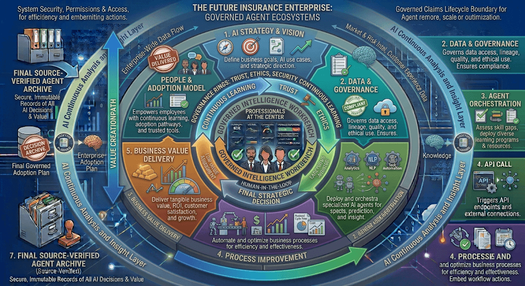 Infographic titled The Future Insurance Enterprise: Governed Agent Ecosystems linking strategy, data, orchestration, process, value, and people and adoption.