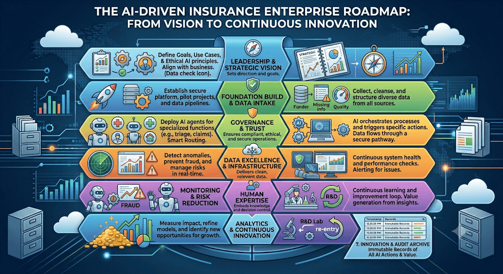 Infographic titled The AI-Driven Insurance Enterprise Roadmap: From Vision to Continuous Innovation with stacked bands for leadership, data intake, governance, infrastructure, human expertise, and analytics.