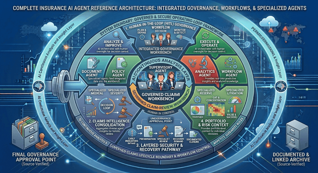 Diagram titled Complete Insurance AI Agent Reference Architecture with HITL governance, specialized agents around a Supervisory Agent, a governed claims workbench, recovery pathway, and portfolio context.