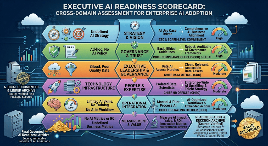 Infographic titled Executive AI Readiness Scorecard scoring strategy, governance, data, people, operational integration, and measurement from gap to mature with gauges and a readiness archive.