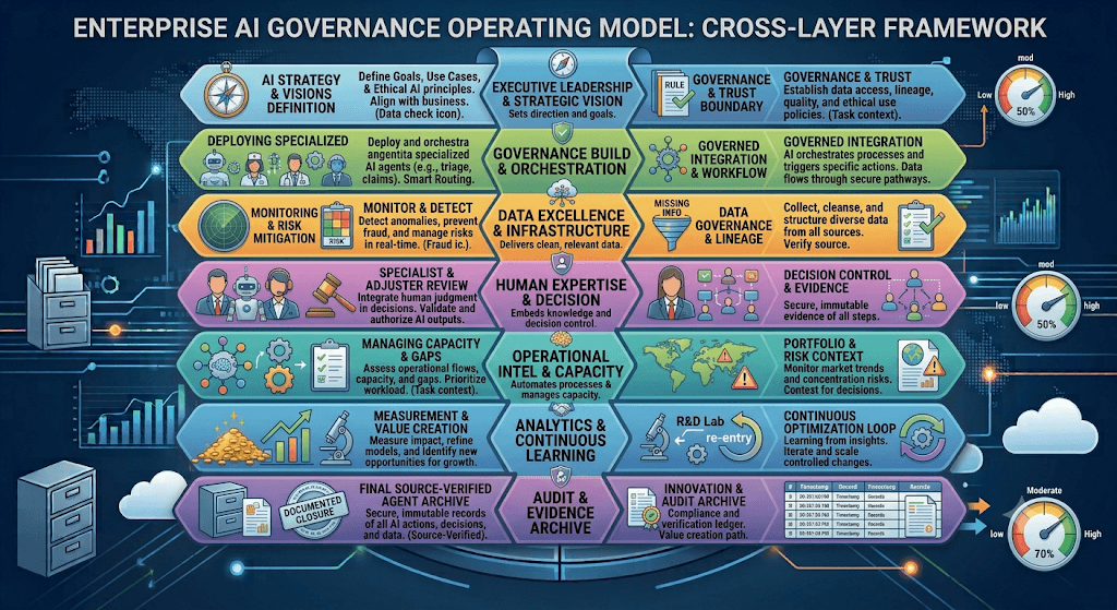 Infographic titled Enterprise AI Governance Operating Model: Cross-Layer Framework with rows for strategy, orchestration, data, human decision, operational capacity, analytics, and audit archive plus gauges.