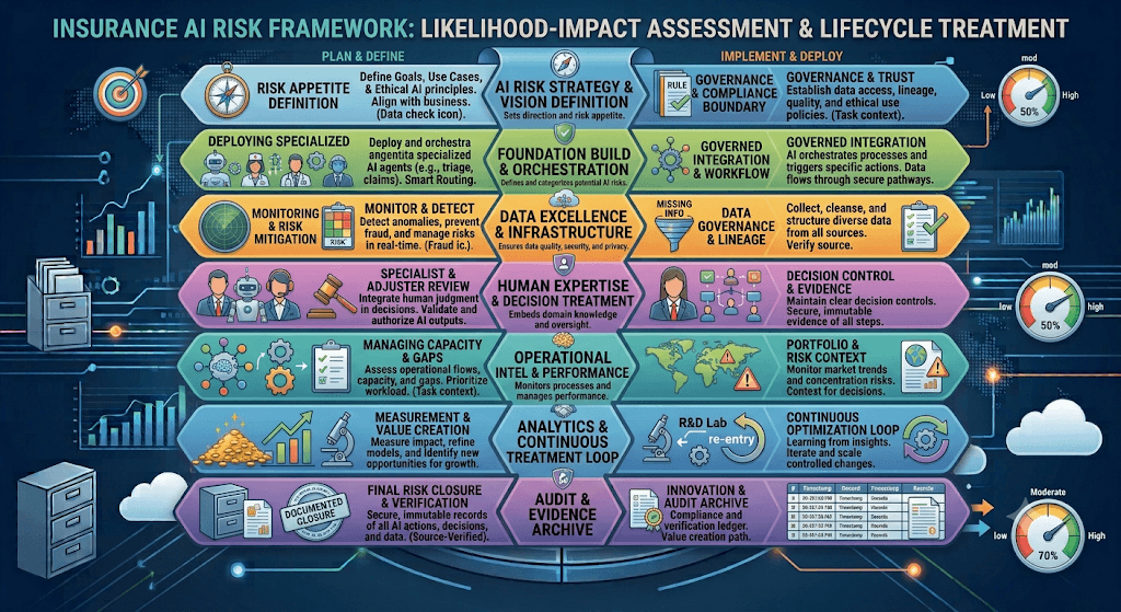 Infographic titled Insurance AI Risk Framework: Likelihood-Impact Assessment & Lifecycle Treatment from plan-and-define through implement-and-deploy across appetite, data, human treatment, and audit.
