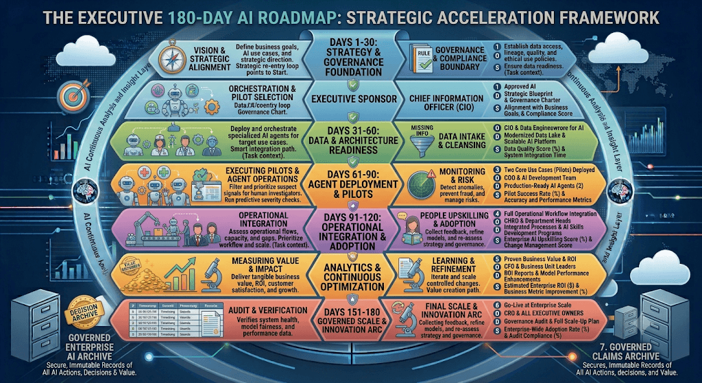 Infographic titled The Executive 180-Day AI Roadmap sequencing days 1–30 through 151–180 from strategy foundation through data readiness, pilots, adoption, optimization, and governed scale.