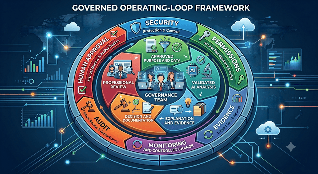 Infographic titled Governed Operating-Loop Framework centering a Governance Team on approved purpose, validated AI analysis, explanation, decision, and professional review within outer control rings.