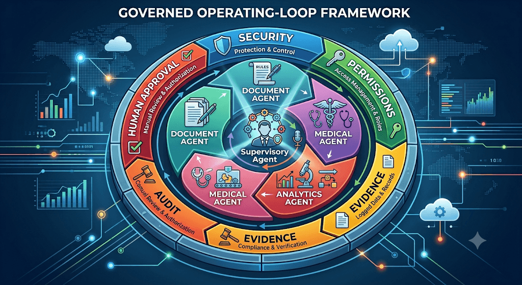 Infographic titled Governed Operating-Loop Framework with document, medical, and analytics agents around a Supervisory Agent inside security, permissions, evidence, audit, and human-approval rings.