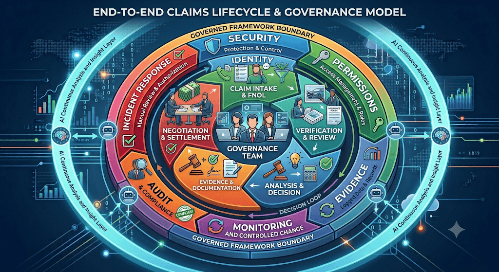 Infographic titled End-to-End Claims Lifecycle & Governance Model showing intake/FNOL, verification, analysis, negotiation, and incident response inside security, permissions, evidence, audit, and monitoring rings.
