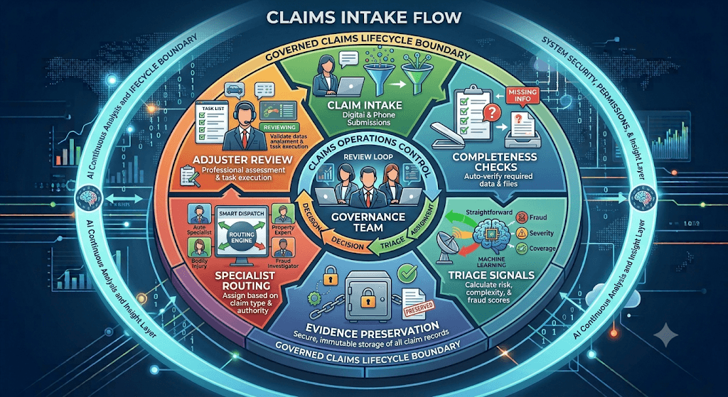 Diagram titled Claims Intake Flow sequencing intake, completeness checks, triage signals, evidence preservation, specialist routing, and adjuster review.