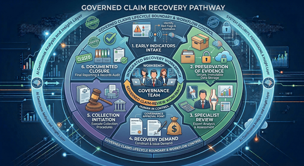 Diagram titled Governed Claim Recovery Pathway from early indicators and evidence through specialist review, recovery demand, collection, and closure.