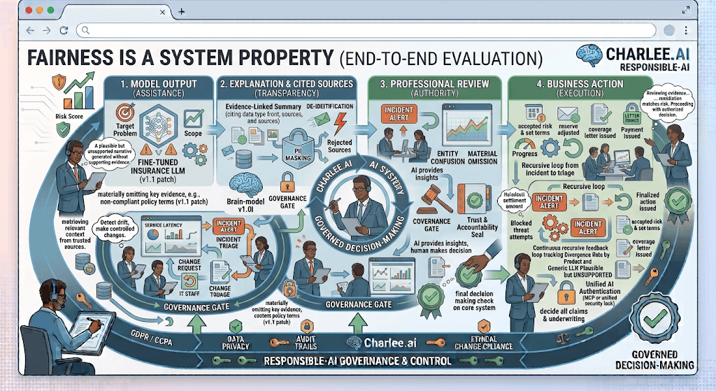 Diagram titled Fairness Is a System Property from model output through explanation and cited sources, professional review, and business action.
