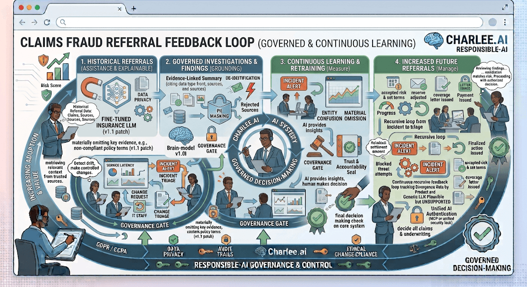 Diagram titled Claims Fraud Referral Feedback Loop from historical referrals through governed investigations and continuous learning to increased future referrals.