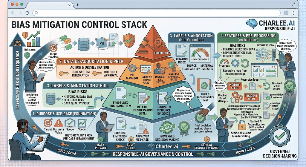 Infographic titled Bias Mitigation Control Stack as a pyramid from prohibited uses through human-in-the-loop and grounded outputs, plus purpose, data, labels, and features controls.