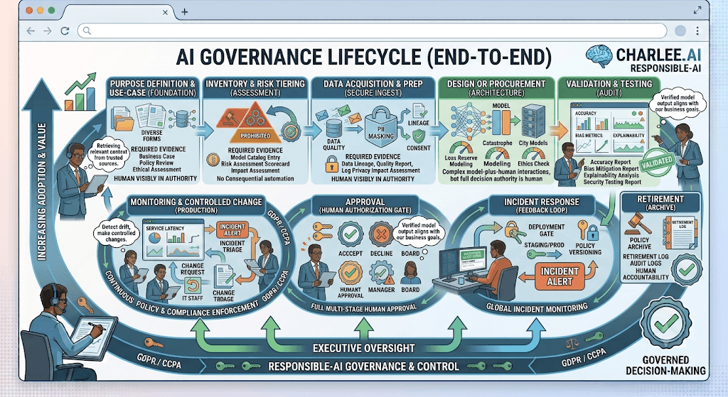 Diagram titled AI Governance Lifecycle from purpose through inventory and risk, data prep, design, validation, monitoring, approval, incident, and retirement.