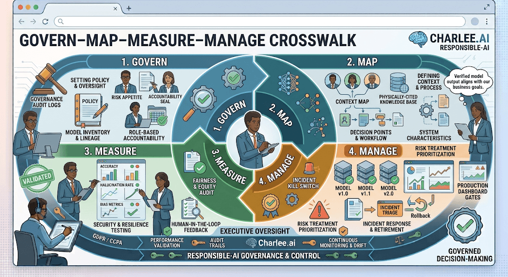 Infographic titled Govern–Map–Measure–Manage Crosswalk as four quadrants around an executive hub.