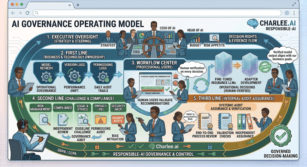 Infographic titled AI Governance Operating Model with layers for executive oversight, first line, workflow center, second line, and third line.