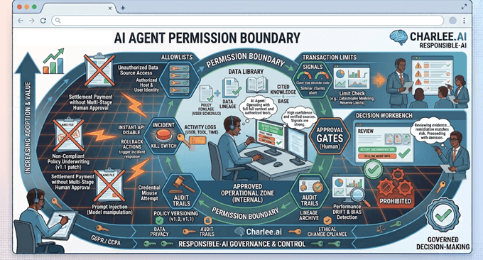 Infographic titled AI Agent Permission Boundary contrasting allowlists with prohibited actions such as settlement without approval, plus approval gates and transaction limits.