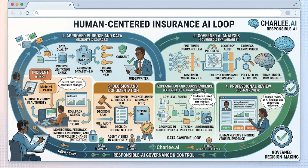 Diagram titled Human-Centered Insurance AI Loop from approved purpose through governed analysis, explanation, professional review, and decision and documentation.