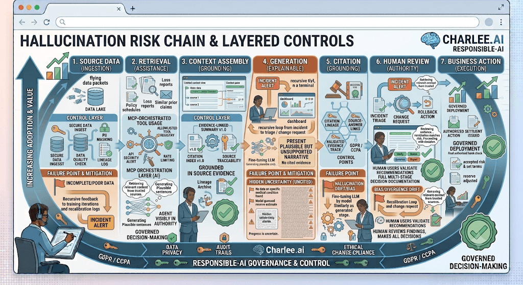 Diagram titled Hallucination Risk Chain & Layered Controls from source data through retrieval, context assembly, generation, citation, human review, and business action.