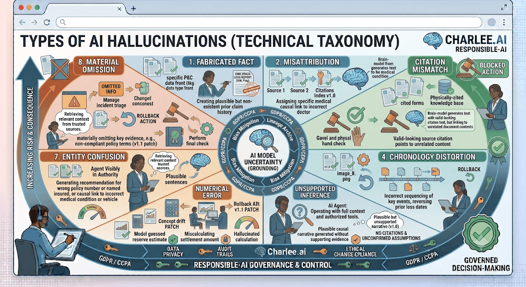 Infographic titled Types of AI Hallucinations (Technical Taxonomy) listing fabricated fact, misattribution, citation mismatch, chronology distortion, unsupported inference, entity confusion, and material omission.