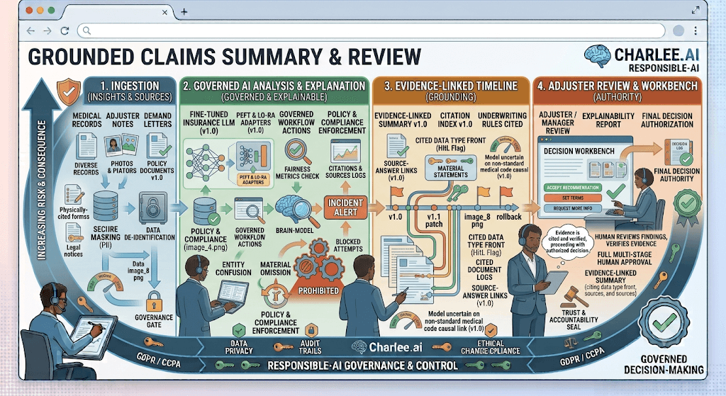 Diagram titled Grounded Claims Summary & Review from ingestion through governed AI analysis and an evidence-linked timeline to adjuster review on a workbench.