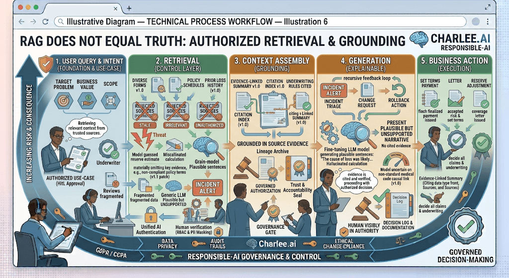 Diagram titled RAG Does Not Equal Truth: Authorized Retrieval & Grounding from query through retrieval, context assembly, generation, and business action.