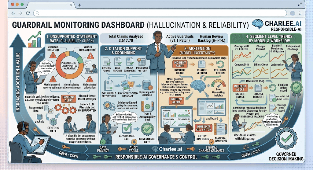 Infographic titled Guardrail Monitoring Dashboard (Hallucination & Reliability) tracking unsupported-statement rate, citation support, abstention, and segment-level trends.
