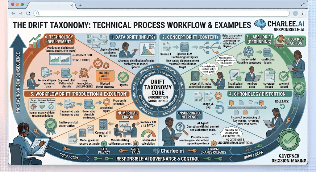 Infographic titled The Drift Taxonomy covering data, concept, label, chronology distortion, workflow, and technology drift.