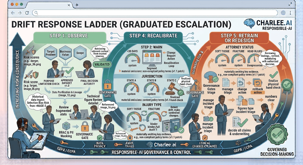Infographic titled Drift Response Ladder stepping from observe to warn, recalibrate, and retrain or redesign.