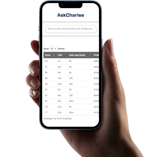 AskCharlee conversational assistant shown on a smartphone
