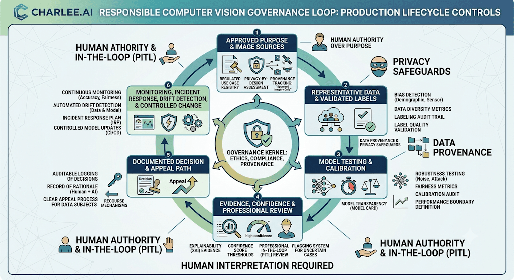 Infographic titled Responsible Computer Vision Governance Loop: Production Lifecycle Controls showing a six-step cycle around ethics, compliance, and provenance with PITL and privacy safeguards.