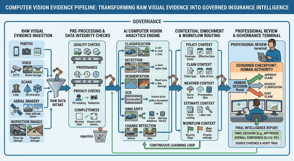 Infographic titled Computer Vision Evidence Pipeline showing raw visual intake through pre-processing, CV analytics, enrichment, and a human governance checkpoint.