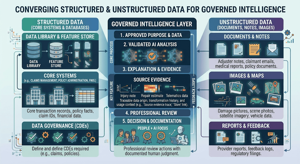 Infographic titled Converging Structured & Unstructured Data for Governed Intelligence with core systems, a governed intelligence layer, and unstructured documents, images, and reports.