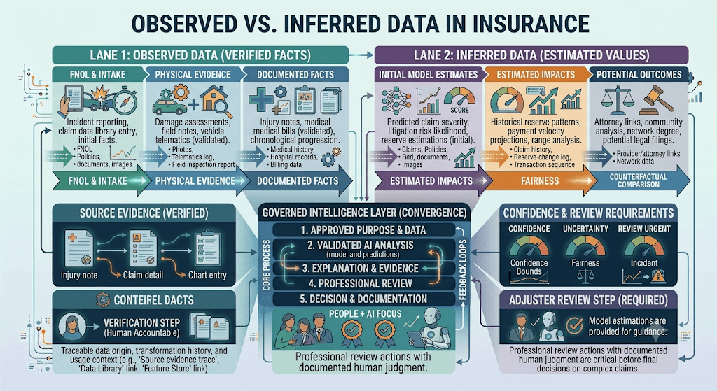 Infographic titled Observed vs. Inferred Data in Insurance contrasting verified facts with estimated values and a convergence layer requiring adjuster review.