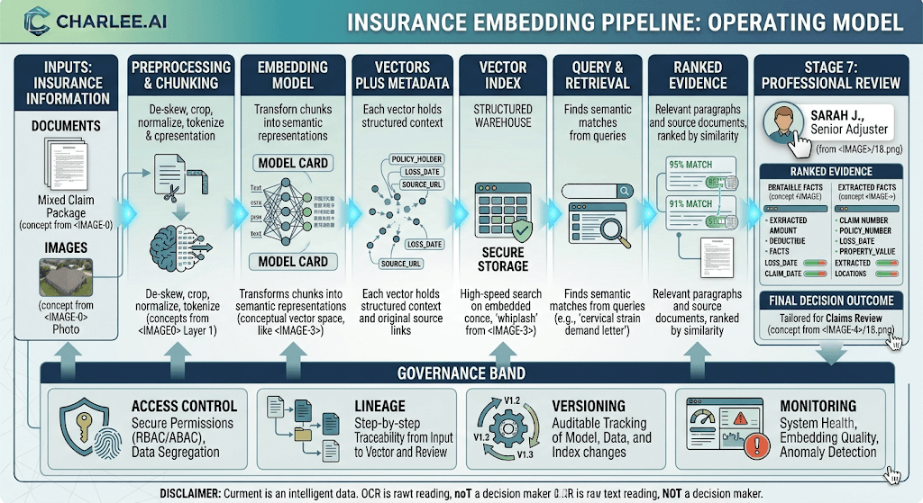 Infographic titled Insurance Embedding Pipeline: Operating Model from inputs through embedding, vector index, retrieval, ranked evidence, and professional review plus a governance band.