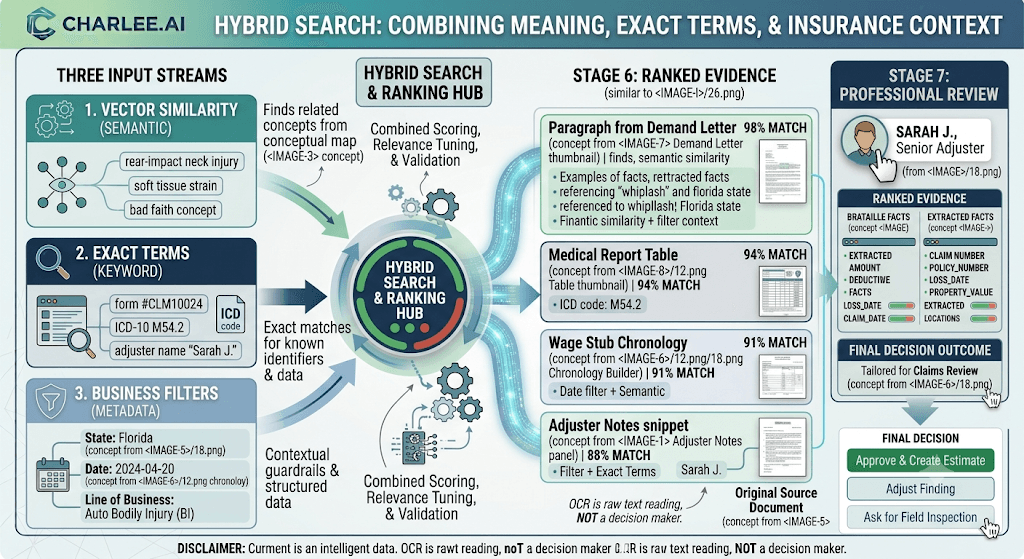 Infographic titled Hybrid Search: Combining Meaning, Exact Terms, & Insurance Context with vector, keyword, and metadata streams into ranked evidence and review.