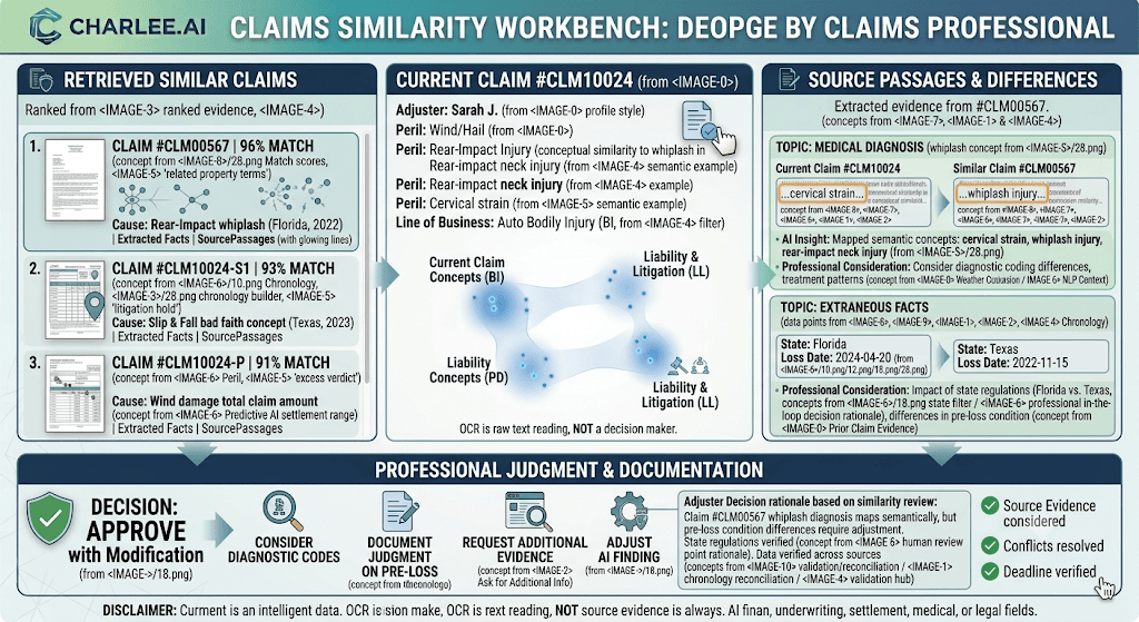 Infographic titled Claims Similarity Workbench showing similar claims, current-claim concepts, source differences, and professional judgment actions.