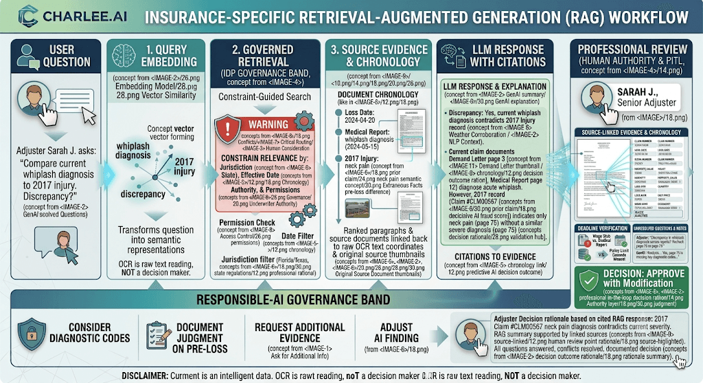 Infographic titled Insurance-Specific Retrieval-Augmented Generation (RAG) Workflow from query embedding through governed retrieval, citations, and PITL review.