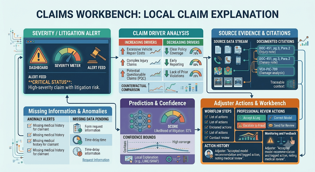 Infographic titled Claims Workbench: Local Claim Explanation with severity/litigation alert, driver analysis, source citations, anomalies, prediction confidence, and adjuster actions.