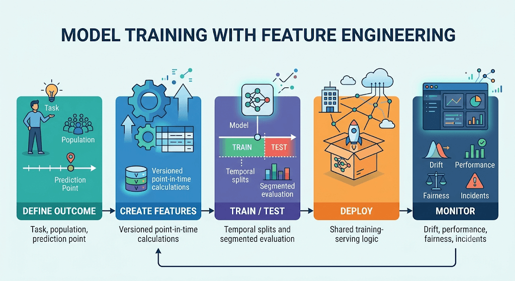 Infographic titled Model Training with Feature Engineering showing define outcome, create features, train/test, deploy, and monitor.