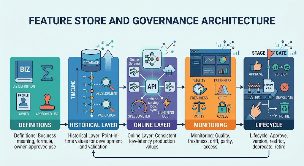 Infographic titled Feature Store and Governance Architecture through definitions, historical layer, online layer, monitoring, and lifecycle gates.