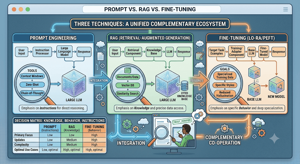 Infographic titled Prompt vs. RAG vs. Fine-Tuning with three columns for prompt engineering, RAG, and fine-tuning plus a decision matrix.